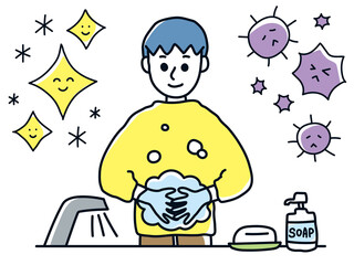 手洗い　除菌　男の子　子供　幼稚園　小学校　10代　感染症　ウイルス　対策　予防　健康　清潔