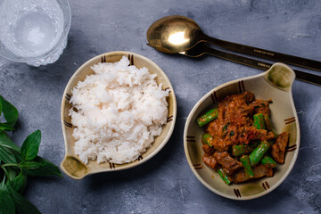 Stir Fried Crispy Pork Curry with Long Beans on Thai Food