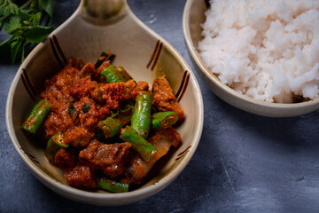 Stir Fried Crispy Pork Curry with Long Beans on Thai Food