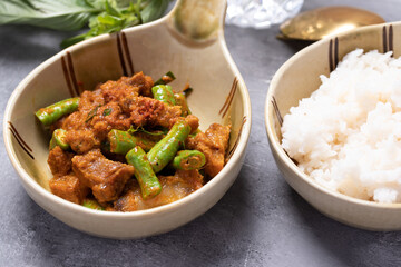 Stir Fried Crispy Pork Curry with Long Beans on Thai Food