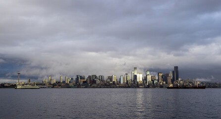 View of the Seattle cityscape seen across the Puget Sound in Washington State