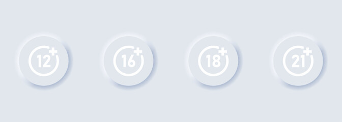 Set of age restriction icons. 12, 14, 18 and 21 age limit concept. Adults content. Neumorphism style. Vector EPS 10. Isolated on white background