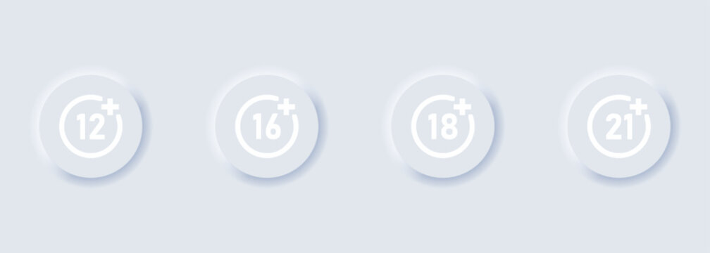 Set of age restriction icons. 12, 14, 18 and 21 age limit concept. Adults content. Neumorphism style. Vector EPS 10. Isolated on white background