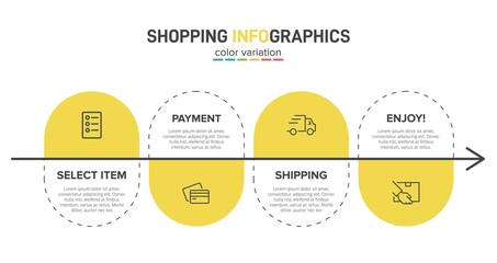 Concept of shopping process with 4 successive steps. Four colorful graphic elements. Timeline design for brochure, presentation, web site. Infographic design layout.