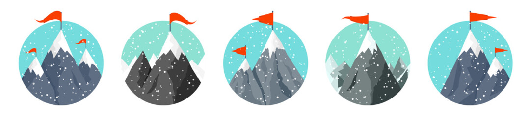 Set of snowy mountains in flat style. Winter rocky mountain landscape. Outdoor travel and tourism, hiking. Climbing on mountain peak. Vector illustration.