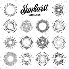 Vintage grunge sunburst collection. Bursting sun rays. Fireworks. Logotype or lettering design element. Radial sunset beams. Vector illustration.