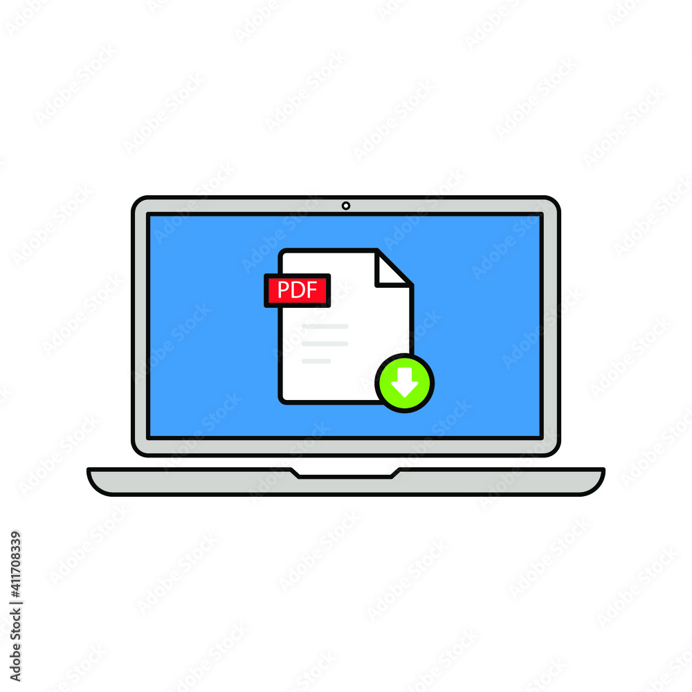 Wall mural download pdf button on laptop screen. downloading document concept. file with pdf label and down arr