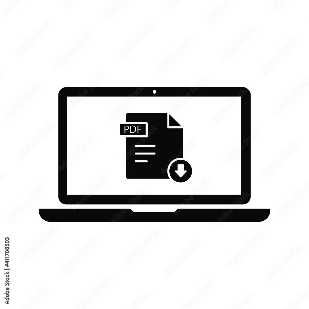 Wall mural download pdf button on laptop screen. downloading document concept. file with pdf label and down arr