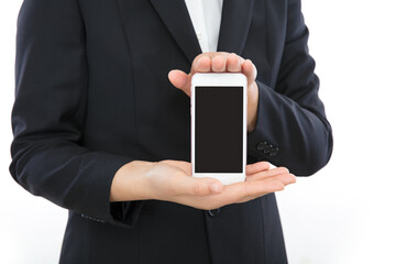 White collars in suits show others their smart phones with black screen