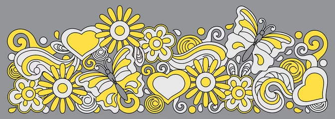 Fototapeten Hand drawn doodles illustration. Spring or summer floral vector border. Grey and yellow © Надежда Аксенова