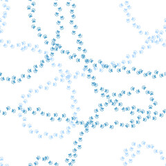 blue animal footprints distributed chaotically on white repetitive background. vector seamless pattern. color image. fabric swatch. wrapping paper. continuous print. winter illustration
