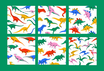 Retro dinosaur doodle seamless pattern collection. Colorful 90s style dinosaurs background set for educational concept or children toy print. T-rex, triceratops, pterodactyl animal - big bundle.