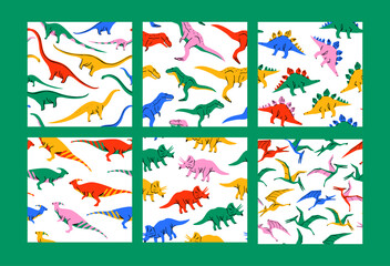 Retro dinosaur doodle seamless pattern collection. Colorful 90s style dinosaurs background set for educational concept or children toy print. T-rex, triceratops, pterodactyl animal - big bundle. © Dedraw Studio