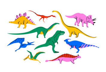 Big set of colorful dinosaur doodle illustration on isolated background. Trendy 90s style dinosaurs collection for educational concept or children design. Includes T-rex, triceratops, pterodactyl.