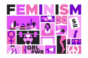 Feminist mosaic illustration set for women rights or international social issues event on March 8. Pink flat cartoon concept, girl friend group together, equal pay protest sign and more.