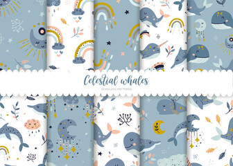 Set of seamless patterns with whales and rainbows.