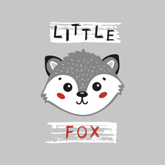 Cute Fox Face. Little Fox Head for Tee Print Design for Kids. Vector Cartoon Little Baby Animal. Scandinavian Card, Print or Poster Design
