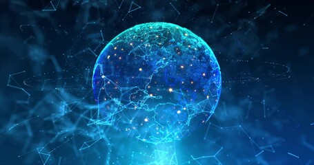 Global spinning with data transfer arrow and random digit number for communication concept, The earth rotating with dot node and line connection, Binary code, Cyber futuristic and technology concepts - Powered by Adobe