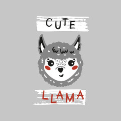 Cute Llama Face. Funny Gray Alpaca Head for Tee Print Design for Kids. Vector Cartoon Little Baby Animal. Scandinavian Card, Print or Poster Design
