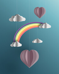 Valentines background with Heart shape rainbow and clouds. Paper craft design illustration for wallpaper, invitation card, poster, banner