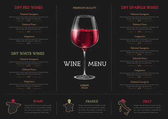 Wine restaurant menu design with realistic wine glass. Chalk background