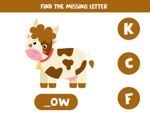 Find missing letter with cartoon cow. Spelling worksheet.