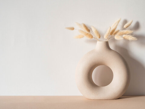 Round stylish ceramic vase with dried flower lagurus