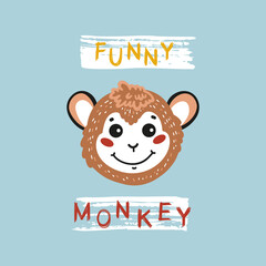 Funny Monkey Face. Cute Marmoset Head for Tee Print Design for Kids. Vector Cartoon Little Baby Animal. Scandinavian Card, Print or Poster Design