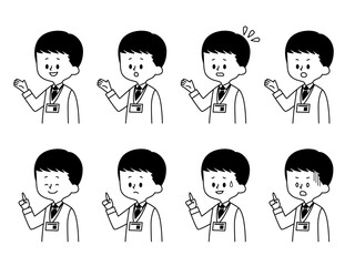 男性職員の表情セット-白黒