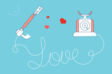 Happy Valentines day greeting card. Red vintage phone with hearts and love quote on blue background illustration. Flat Art Vector illustration
