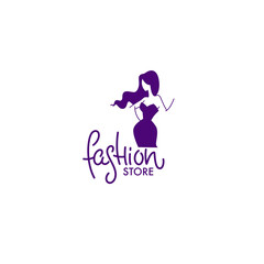 vector  fashion boutique and store logo, label, emblem with  lady and dress silhouette and lettering composition - 411718371