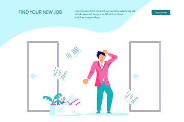 Landing webpage template of dismissal employees. Unemployment, jobless and employee job reduction metaphor. Economic crisis caused by coronavirus. Isolated on purple. Flat Art Vector Illustration