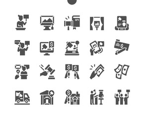 Auction. Finance and investment. Auctioneer, museum, bidding and stage. Holding an auction. Vector Solid Icons. Simple Pictogram