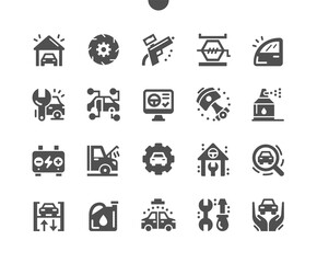 Garage. Machine diagnostics and car repair. Service station. Large garage with workspace and car components. Car wash. Vector Solid Icons. Simple Pictogram