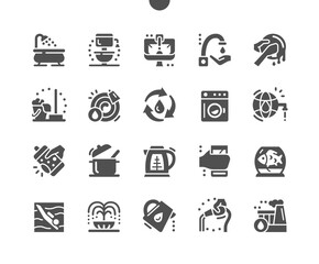 Water consumption. Water use in production. Water for washing dishes, cleaning, aquarium, irrigation. World water reserves. Vector Solid Icons. Simple Pictogram