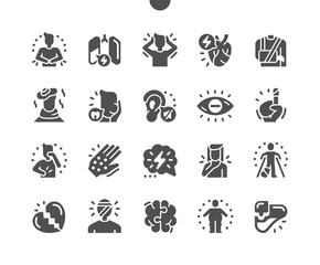 Health issues. Mental health and emotional problems. Headache, toothache, cirrhosis and qualmishness. Brain diseases. Vector Solid Icons. Simple Pictogram