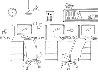 Call center office graphic black white interior sketch illustration vector