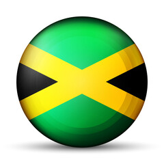 Glass light ball with flag of Jamaica. Round sphere, template icon. Jamaican national symbol. Glossy realistic ball, 3D abstract vector illustration highlighted on a white background. Big bubble.