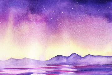 Fairy watercolor landscape of tender sunset gradient sky with coming darkness and sparkling white small stars above blurry mountains and colorful water. Hand drawn illustration of mountain lake