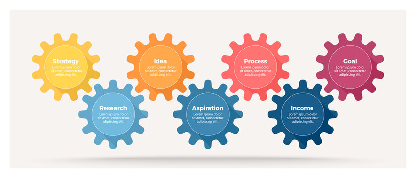 Business infographics. Process with 7 steps, options, gears. Vector template.