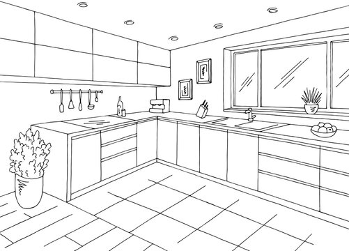 Kitchen room graphic black white home interior sketch illustration vector 