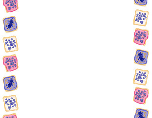 Toast bread sandwiches comic style seamless border pattern. Sandwiches with icing spread and blueberries doodles wallpaper. Breakfast food background tile