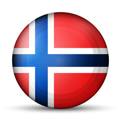 Obraz premium Glass light ball with flag of Norway. Round sphere, template icon. Norwegian national symbol. Glossy realistic ball, 3D abstract vector illustration highlighted on a white background. Big bubble.