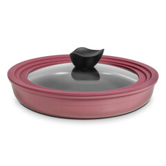 Pan with transparent glass lid and burgundy rubber rim isolated on white background