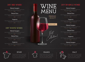 Weinrestaurant-Menüdesign mit realistischen Weingläsern und Flaschen. Kreidehintergrund