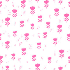 Seamless floral pattern based on traditional folk art ornaments. Pink flowers on white background. Scandinavian style. Sweden nordic style. Vector illustration for fabric, textile, wallpaper.