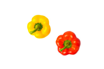Top view of two bell peppers red and yellow isolated on white