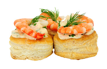 King prawn puff pastry vol au vents with salmon flavoured cream cheese filling isolated on a white background