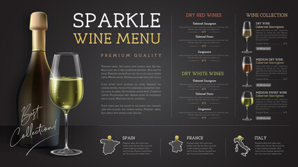 Wine restaurant menu design with realistic wine glasses and bottles. Chalk background