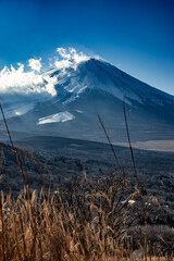 mount fuji in the snow with clouds 